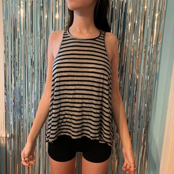 LF GREY AND BLACK STRIPED FLOWY HIGH NECK TOP - Picture 2 of 2